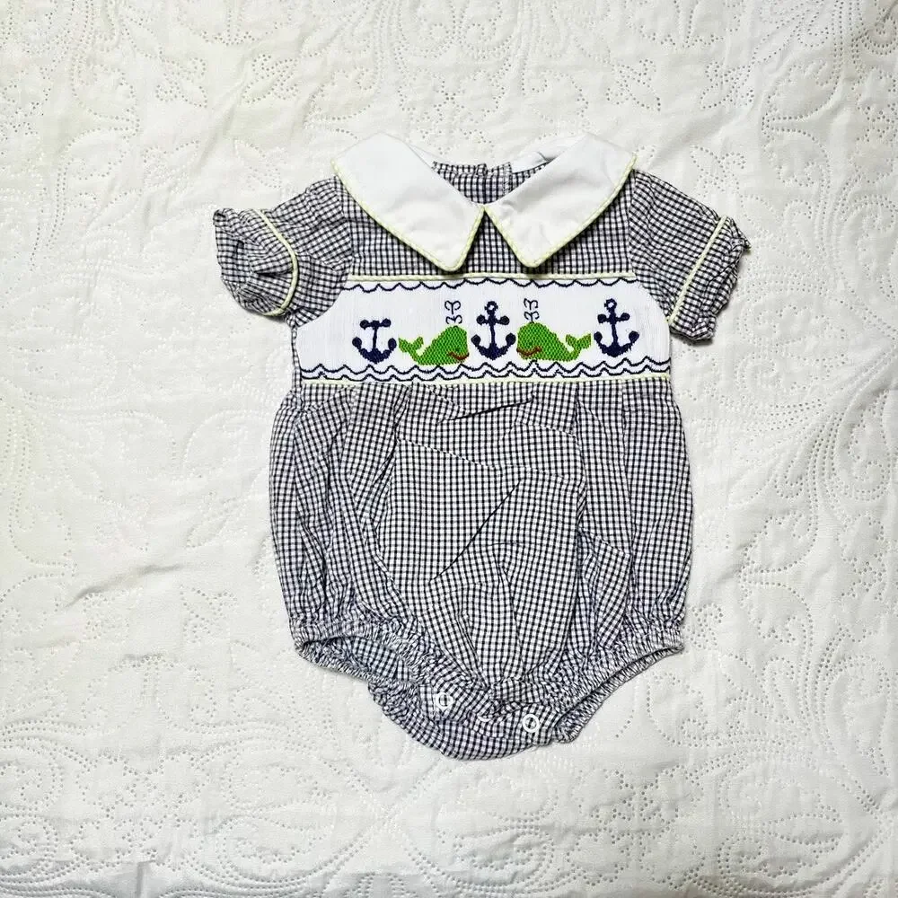 Shrimp & Grits Smocked Nautical Whale Bubble Romper Size 3m